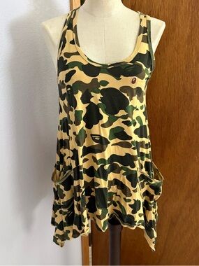 BAPE Women's sz S Camo Print Green Tank Top Pockets Bathing Ape Japan